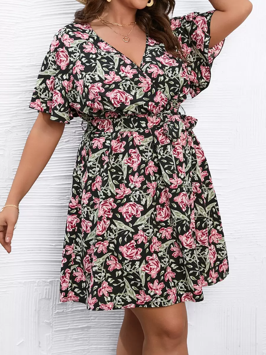 SHEIN Holidaya Plus Floral Print Butterfly Sleeve Belted Dress - Multicolor - View 1
