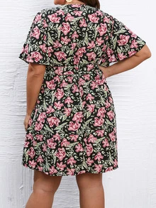 SHEIN Holidaya Plus Floral Print Butterfly Sleeve Belted Dress - Multicolor - View 2