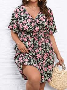 SHEIN Holidaya Plus Floral Print Butterfly Sleeve Belted Dress - Multicolor - View 3