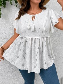 Flirla 大碼網眼刺繡繫帶領蝴蝶袖荷葉邊下擺T恤 - 白色 - 查看 3