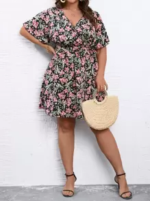 SHEIN Holidaya Plus Floral Print Butterfly Sleeve Belted Dress - Multicolor - View 5