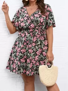 SHEIN Holidaya Plus Floral Print Butterfly Sleeve Belted Dress - Multicolor - View 6