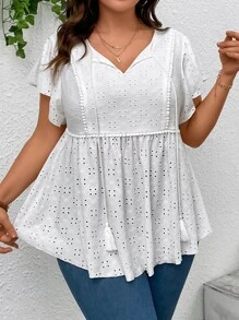 Flirla 大碼網眼刺繡繫帶領蝴蝶袖荷葉邊下擺T恤 - 白色 - 查看 5