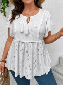 Flirla 大碼網眼刺繡繫帶領蝴蝶袖荷葉邊下擺T恤 - 白色 - 查看 6