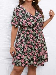 SHEIN Holidaya Plus Floral Print Butterfly Sleeve Belted Dress - Multicolor - View 7