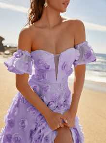 一字肩蝴蝶袖貼花正式連衣裙 - 紫丁香色 - 查看 3