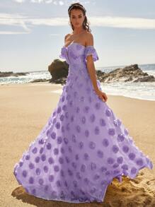 一字肩蝴蝶袖貼花正式連衣裙 - 紫丁香色 - 查看 5