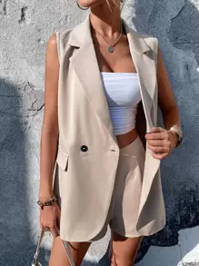 Chiquease con botones Blazer chaleco & Shorts - Caqui - Ver 1