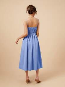 前紐扣緊身吊帶連衣裙 - 藍色 - 查看 2