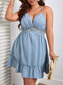SHEIN VCAY Plus Contrast Lace Tie Backless Ruffle Hem Cami Dress - Dusty Blue - View 1