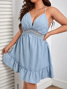SHEIN VCAY Plus Contrast Lace Tie Backless Ruffle Hem Cami Dress - Dusty Blue - View 3