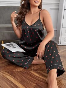 Plus Heart Print Satin PJ Set - Black - View 1
