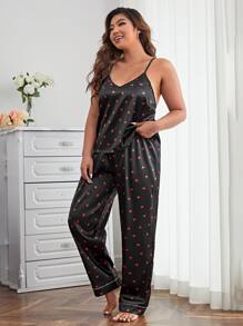 Plus Heart Print Satin PJ Set - Black - View 4