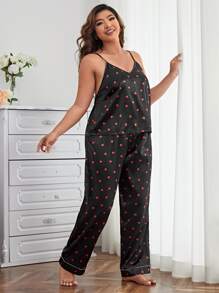 Plus Heart Print Satin PJ Set - Black - View 5