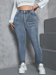 SHEIN ICON Plus High Waist Single Button Skinny Jeans - Medium Wash - View 1