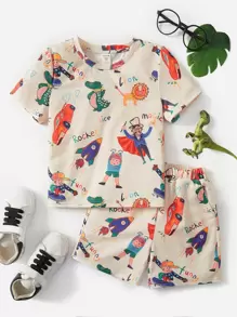 SHEIN 幼童恐龍字母圖案t恤與短褲套裝 - 彩色 - 查看 1