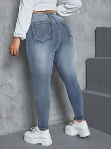 SHEIN ICON Plus High Waist Single Button Skinny Jeans - Medium Wash - View 2