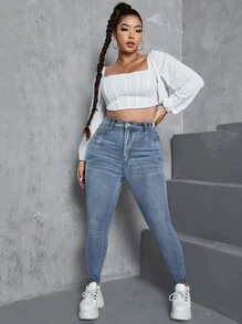 SHEIN ICON Plus High Waist Single Button Skinny Jeans - Medium Wash - View 3