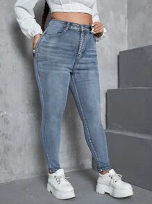 SHEIN ICON Plus High Waist Single Button Skinny Jeans - Medium Wash - View 5