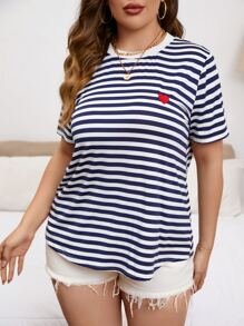 SHEIN Essnce 夏季条纹和心形印花 T 恤 - 藍白色 - 查看 5