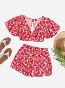 SHEIN VCAY Tropical Print Split Tie Back Crop Top & Shorts - Red - View 1
