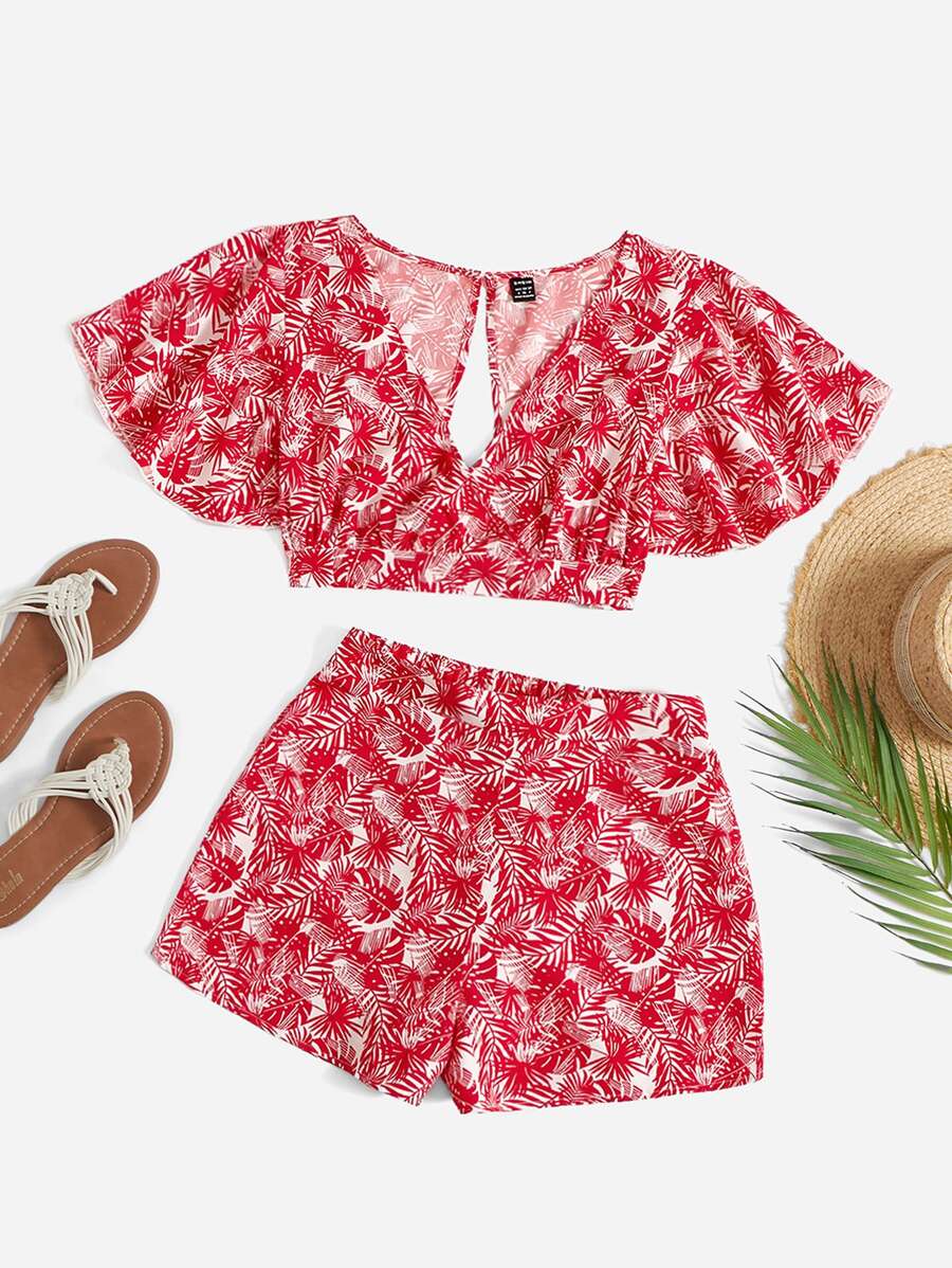 SHEIN VCAY Tropical Print Split Tie Back Crop Top & Shorts - Red - View 1