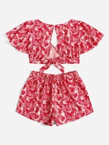 SHEIN VCAY Tropical Print Split Tie Back Crop Top & Shorts - Red - View 2