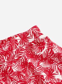 SHEIN VCAY Tropical Print Split Tie Back Crop Top & Shorts - Red - View 3