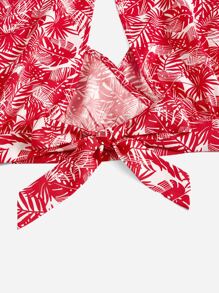 SHEIN VCAY Tropical Print Split Tie Back Crop Top & Shorts - Red - View 4