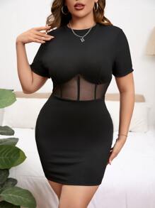 SHEIN Privé Đầm Plus Size Tương phản Mesh Gân đan màu trơn Giải trí - màu đen - Xem 1