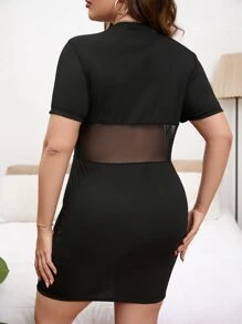 SHEIN Privé Đầm Plus Size Tương phản Mesh Gân đan màu trơn Giải trí - màu đen - Xem 2