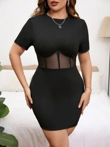 SHEIN Privé Đầm Plus Size Tương phản Mesh Gân đan màu trơn Giải trí - màu đen - Xem 3