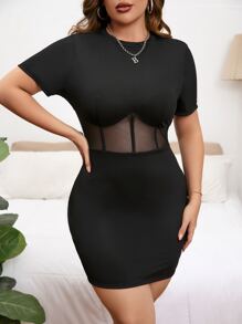 SHEIN Privé Đầm Plus Size Tương phản Mesh Gân đan màu trơn Giải trí - màu đen - Xem 4