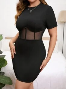 SHEIN Privé Đầm Plus Size Tương phản Mesh Gân đan màu trơn Giải trí - màu đen - Xem 5
