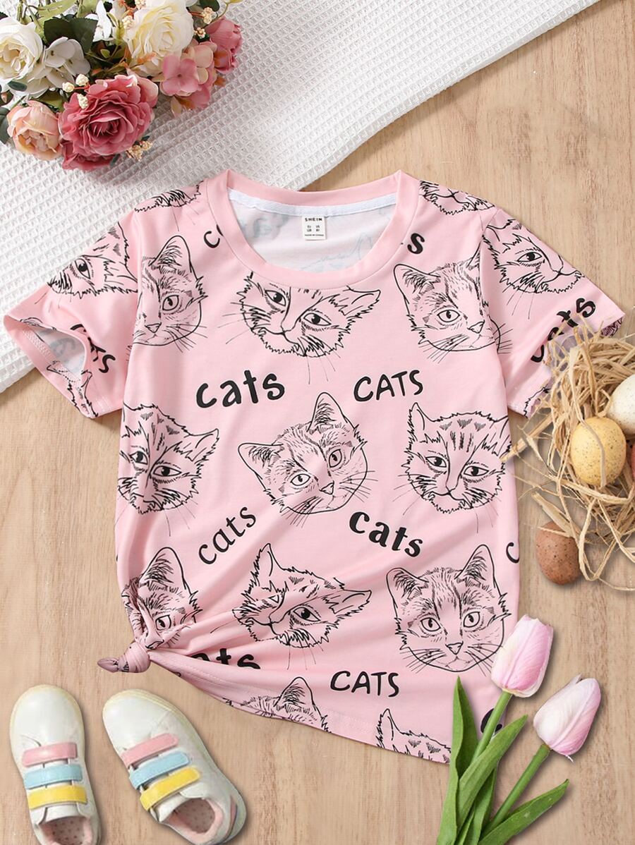 Girls 1pc Cat & Letter Graphic Tee - Baby Pink - View 1