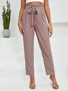 SHEIN Clasi 紙袋腰腰帶長褲 - 卡其色 - 查看 1