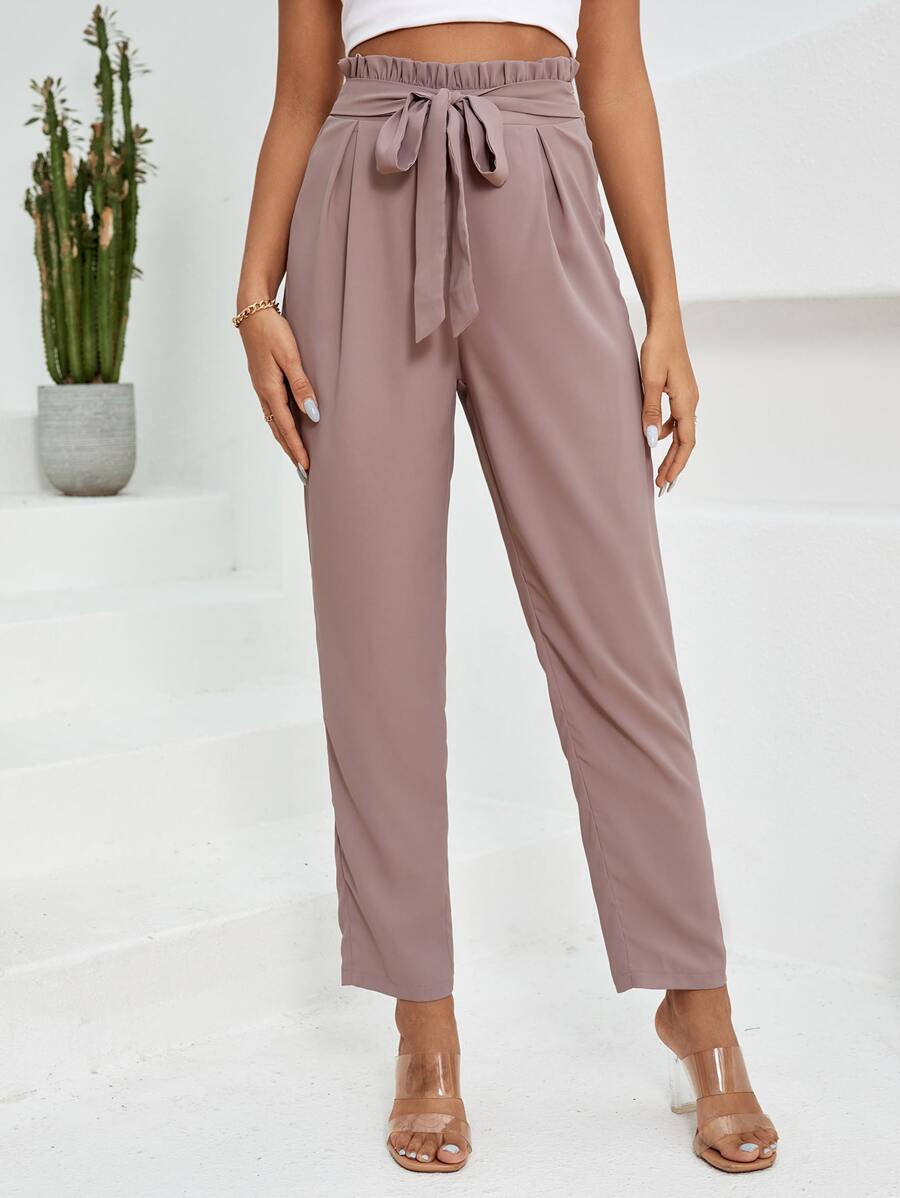 SHEIN Clasi 紙袋腰腰帶長褲 - 卡其色 - 查看 1