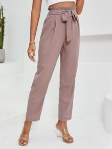 SHEIN Clasi 紙袋腰腰帶長褲 - 卡其色 - 查看 3