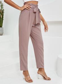 SHEIN Clasi 紙袋腰腰帶長褲 - 卡其色 - 查看 4