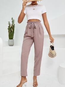 SHEIN Clasi 紙袋腰腰帶長褲 - 卡其色 - 查看 5