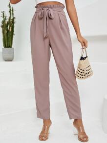 SHEIN Clasi 紙袋腰腰帶長褲 - 卡其色 - 查看 6