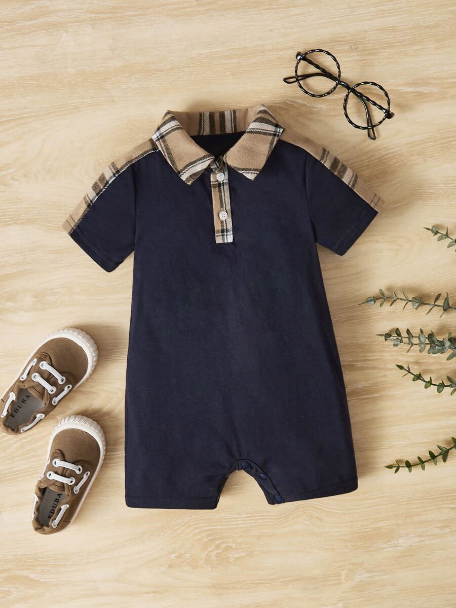 SHEIN Bebé niño Mono de cuadros de cuello polo - Azul Marino - Ver 1