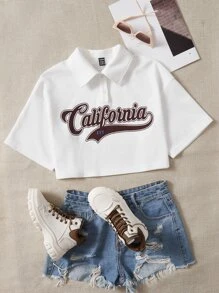 SHEIN EZwear Camiseta crop con estampado de letra de hombros caídos