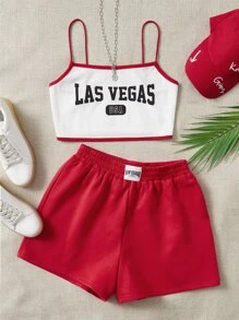 SHEIN EZwear 字母圖案吊帶上衣和運動短褲套裝 - 紅色 - 查看 1