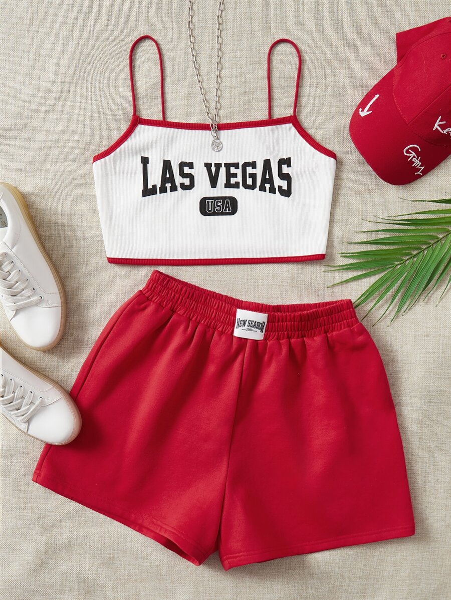 SHEIN EZwear Bikercore Đồ họa Chữ cái Cami ngọn & Quần short thể thao Bộ - Đỏ - Xem 1