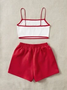 SHEIN EZwear 字母圖案吊帶上衣和運動短褲套裝 - 紅色 - 查看 2