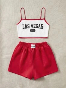 SHEIN EZwear 字母圖案吊帶上衣和運動短褲套裝 - 紅色 - 查看 3