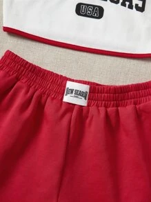 SHEIN EZwear 字母圖案吊帶上衣和運動短褲套裝 - 紅色 - 查看 5