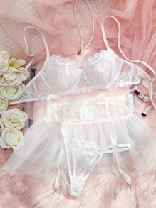 3pack Embroidery Mesh Underwire Lingerie Set - White - View 6