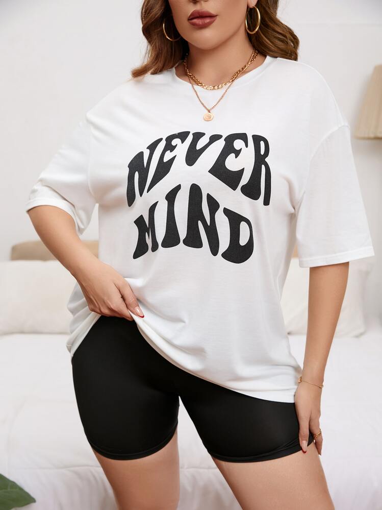 SHEIN Essnce Plus Slogan Graphic Drop Shoulder Tee - White - View 1